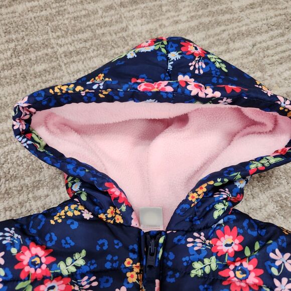 Little Me girls floral puffer hood heavyweight jacket blue pink size 2T - Picture 9 of 11